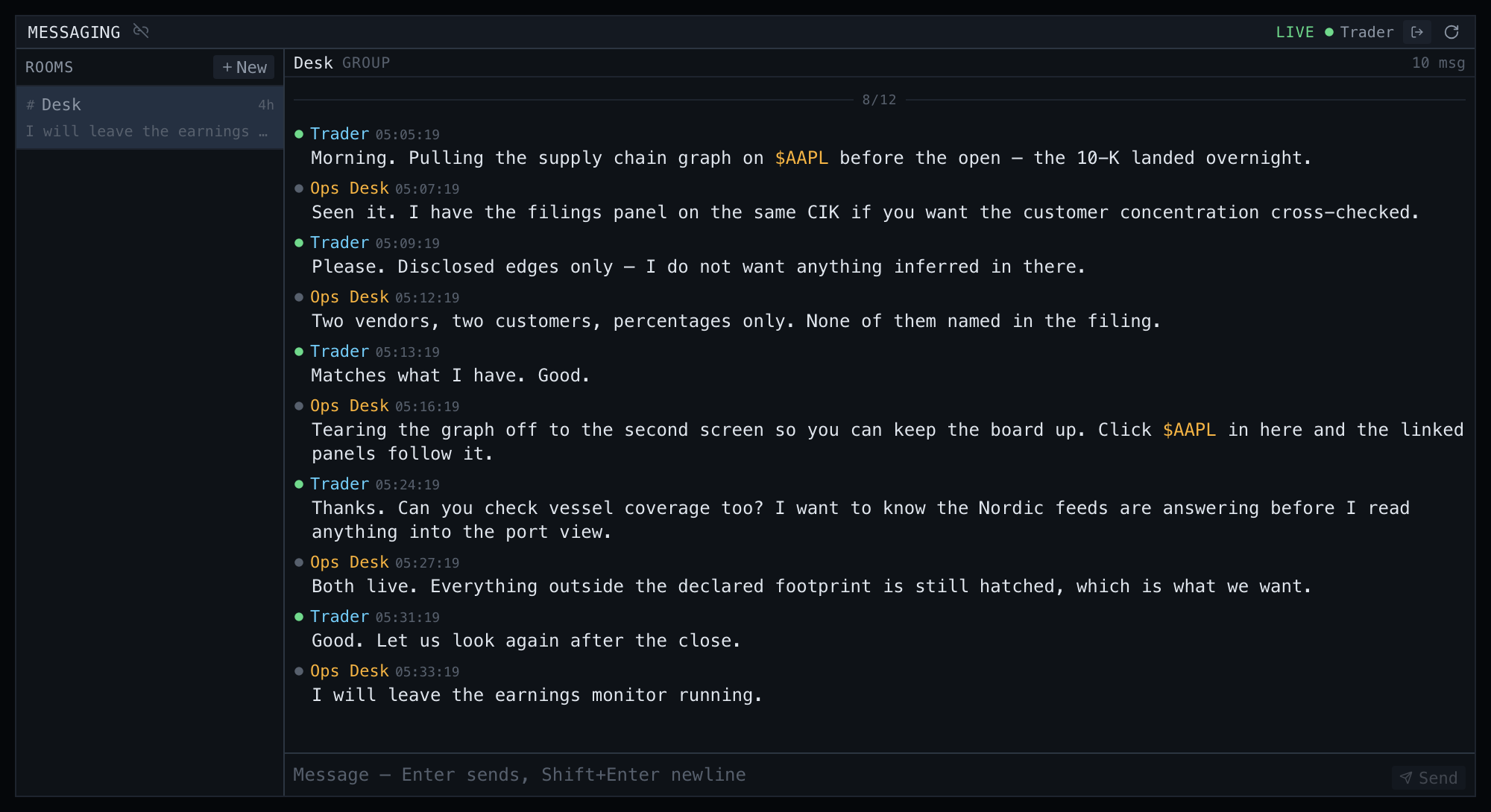 Messaging panel: a room rail on the left listing Desk with its latest line, and the open conversation on the right, ten messages between Trader and Ops Desk, each stamped with a time, and two mentions of $AAPL rendered in amber as controls.